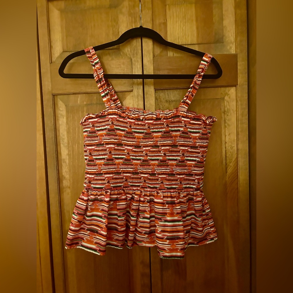 LOFT Women’s Retro, Colorful Sz M Colorful Smocked and Peplumed Top 100% Cotton